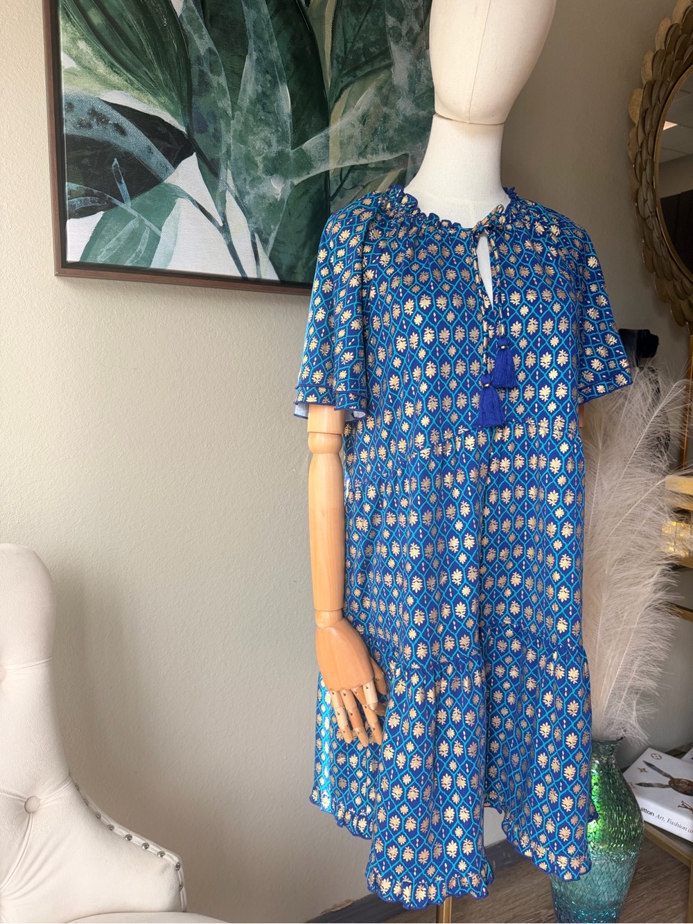 Cabana Life Blue Gold Print Tassel Dress Swim Cover Up Size M Beach Resort - Picture 6 of 17
